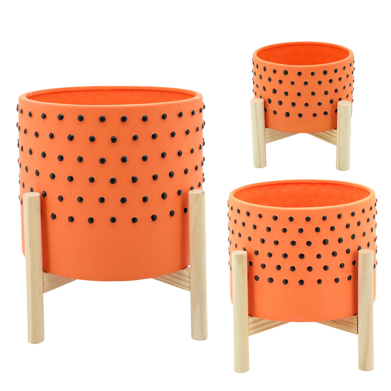 10" DOTTED PLANTER W/ WOOD STAND, ORANGE