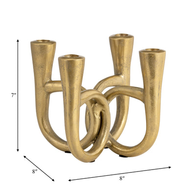 METAL, 7" FRENCH HORN 4-TAPER CANDLEHOLDER, GOLD