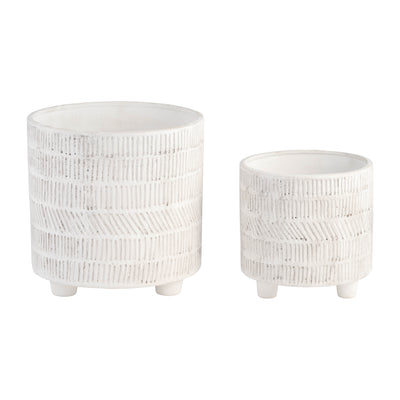 S/2 TRIBAL LOOK FOOTED PLANTER 6/8", IVORY