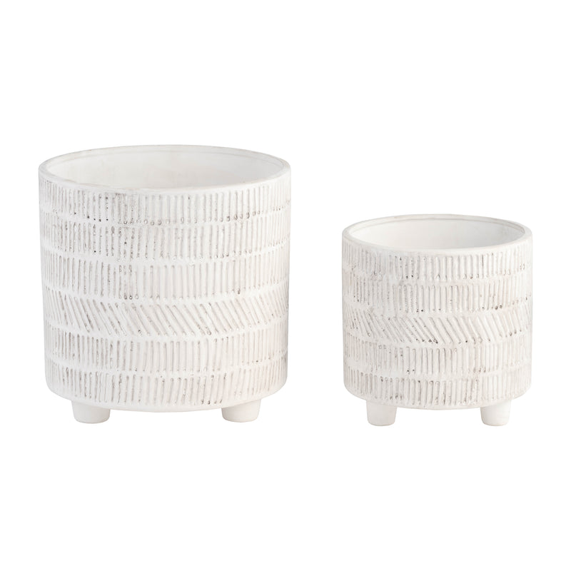 S/2 TRIBAL LOOK FOOTED PLANTER 6/8", IVORY