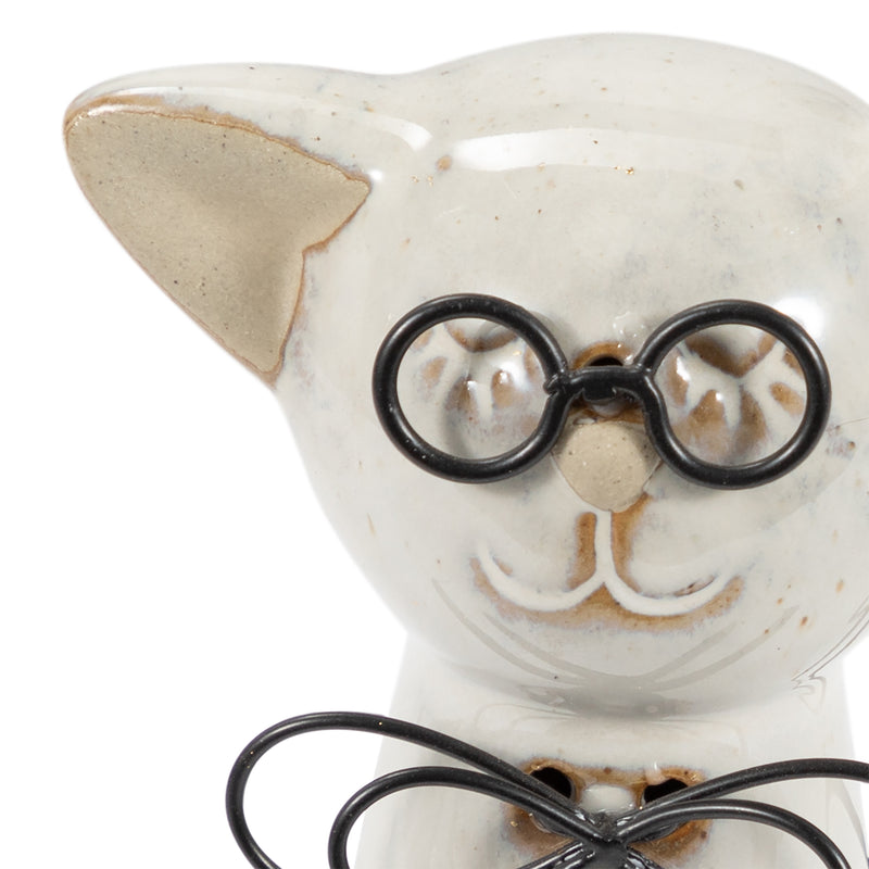 CER, 7"H CAT W/ GLASSES, BEIGE