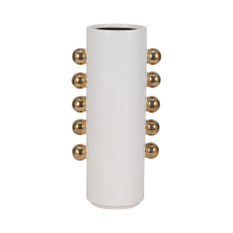 Cer, 16" Vase W/ Side Knobs, White/gold