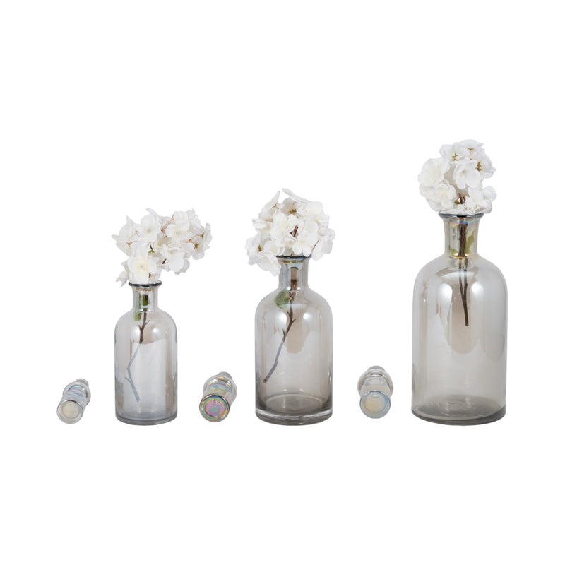 S/3 13/14/16" Callum Gray Glass Bottles, Gray