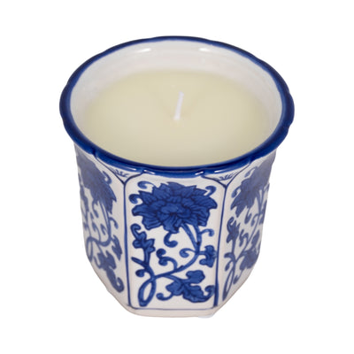 4", 6oz Fluted Chinoiserie Candle , Blue/white