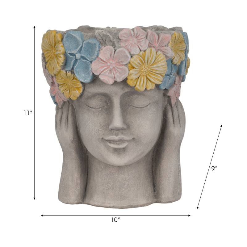 11" Face Planter With Flower Crown, Grey/multi