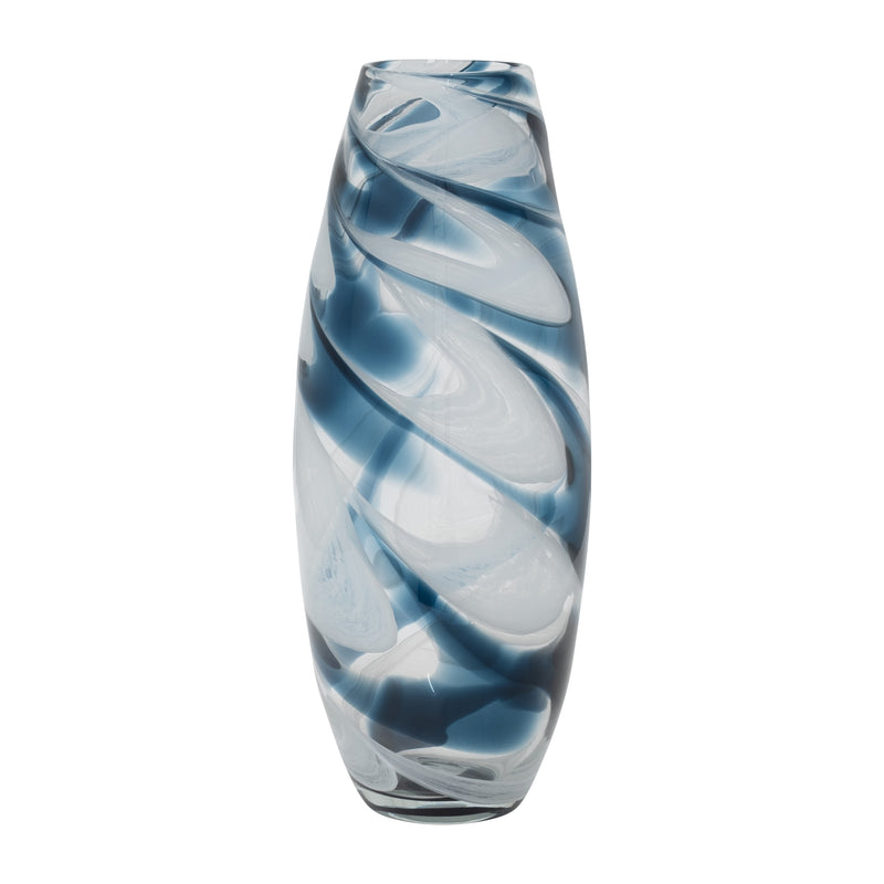 GLASS, 17" SWIRL VASE, BLUE