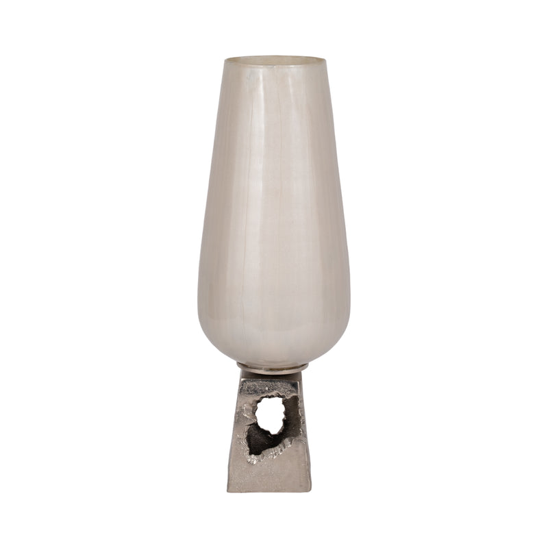 GLASS, 19"H VASE W/ METAL BASE, PEARL WHITE