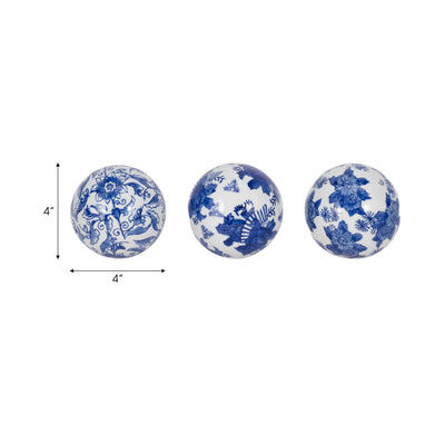 Cer, S/3 4" Assorted Painted Orbs, Blue