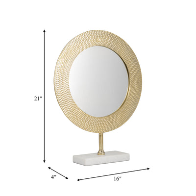 METAL 21" HAMMERED MIRROR ON STAND, GOLD