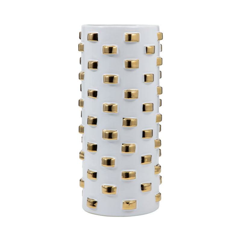 Stoneware, 11" Cylinder Vase, White/gold