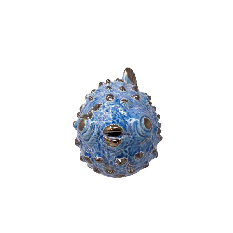 CERAMIC BLOWFISH FIGURINE 10", BLUE