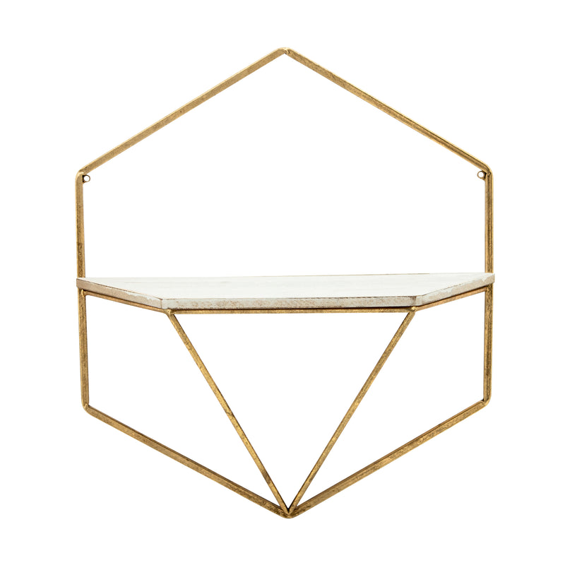 S/2 METAL / WOOD HEXAGON WALL SHELVES, GOLD/WHT