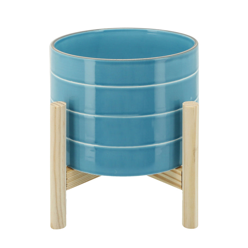 8" STRIPED PLANTER W/ WOOD STAND, SKYBLUE