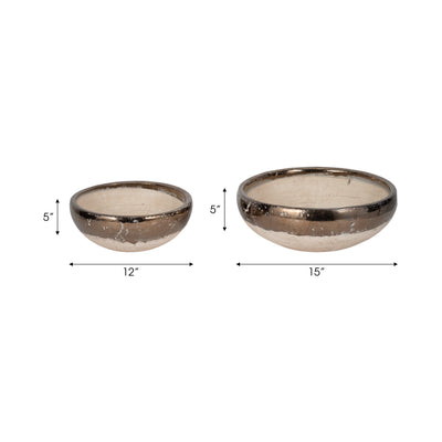 S/2 12/15" Gold Rim Terracotta Bowls, Grey