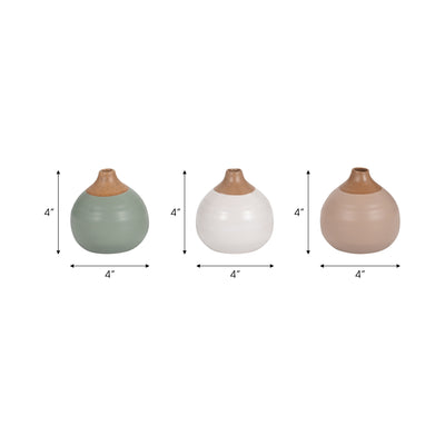 S/3 MATTE BUD VASES, CREME/DRK SAGE/COTTON WHITE