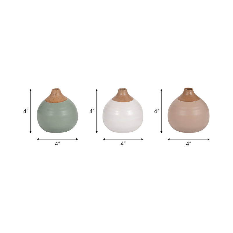 S/3 MATTE BUD VASES, CREME/DRK SAGE/COTTON WHITE