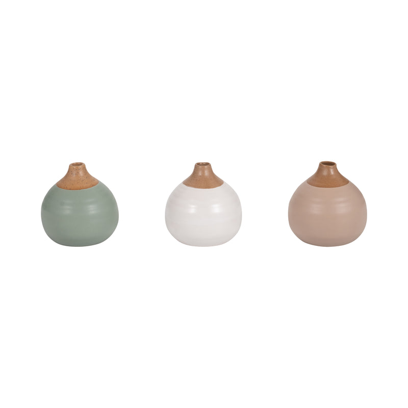 S/3 MATTE BUD VASES, CREME/DRK SAGE/COTTON WHITE