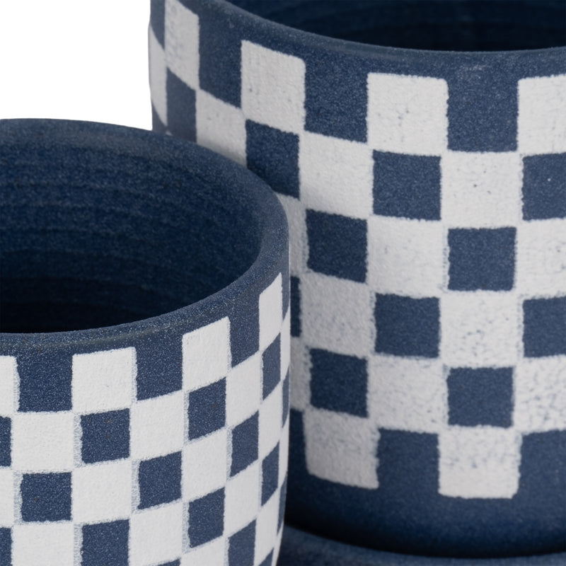 S/2 5/6" Checkerboard Saucer Planters, Blue/white