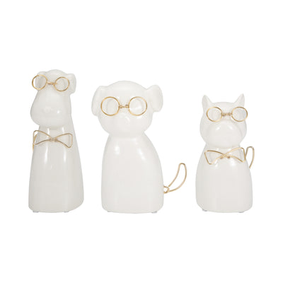 CER 7"H, PUPPY WITH GOLD GLASSES AND BOWTIE, WHT