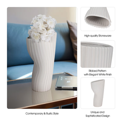 12" Curved Ribbed Vase, White