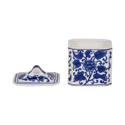 Cer, 6" 13oz Rect Chinoiserie Candle W/lid,blu/wht