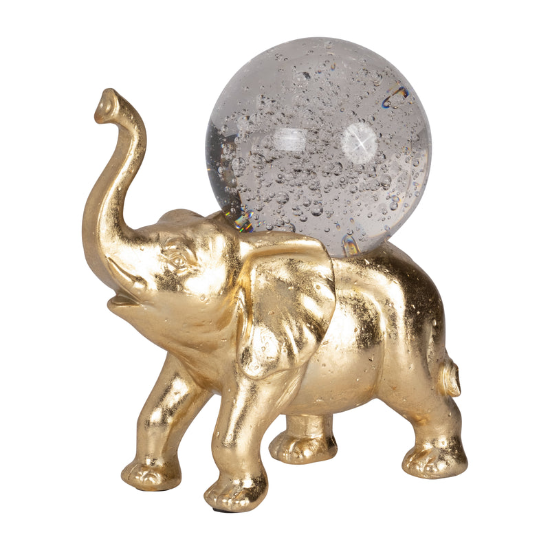 RESIN, 9" ELEPHANT W/ CRYSTAL BALL, GOLD