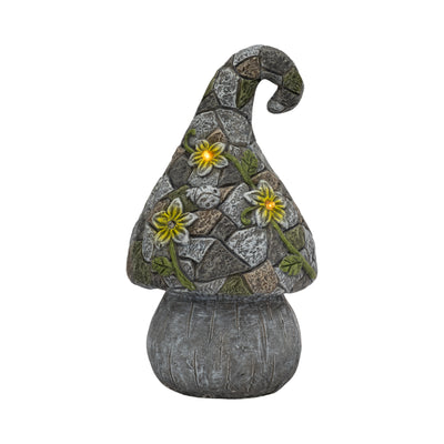 14" Mushroom Statue With Solar Flowers, Grey Multi