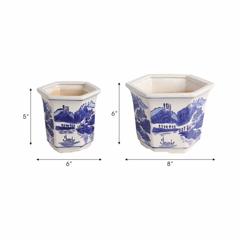 Cer, S/2 6/8" Chinoiserie Planters, Blue/white