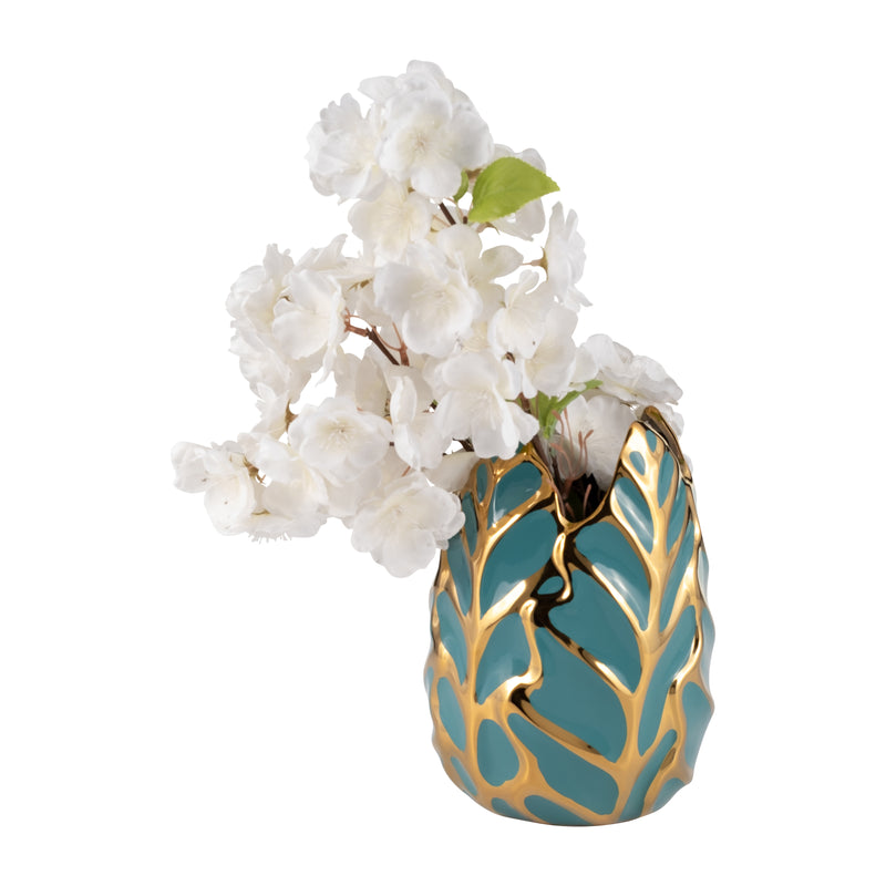 CERAMIC 8"H LEAF VASE, TURQUOISE/GOLD