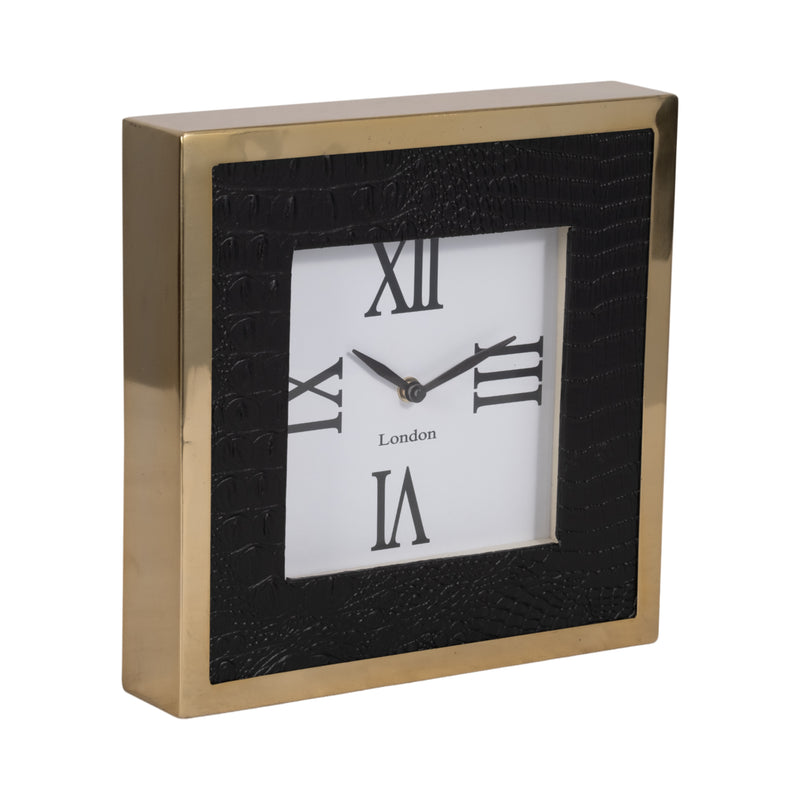 10" Faux Leather Croc Square Clock, Black/gold