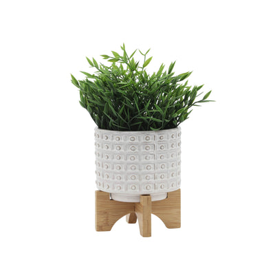 CERAMIC 5" DOTTED PLANTER W/WOOD STAND, IVORY