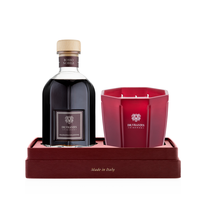 GIFT BOX 250ML+200GR CANDELA ROSSO NOBILE WITH BLACK STICKS