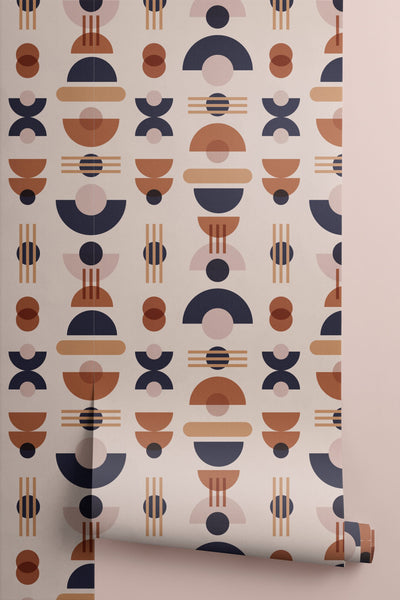 Neutral & Navy Mid Century Modern Geometric Repeat Pattern Wallpaper (6648706203744)