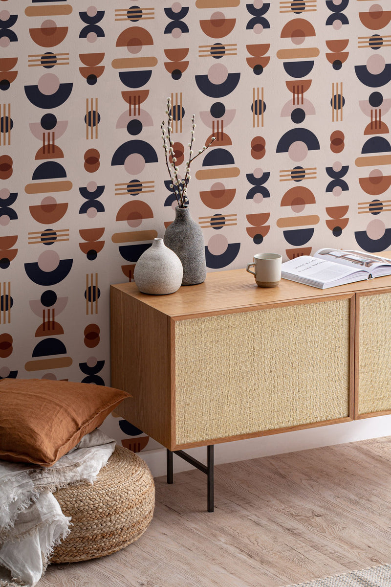 Neutral & Navy Mid Century Modern Geometric Repeat Pattern Wallpaper (6648706203744)