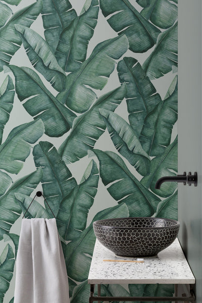 Watercolor Green Tropical Leaves Repeat Pattern Wallpaper (6648706138208)